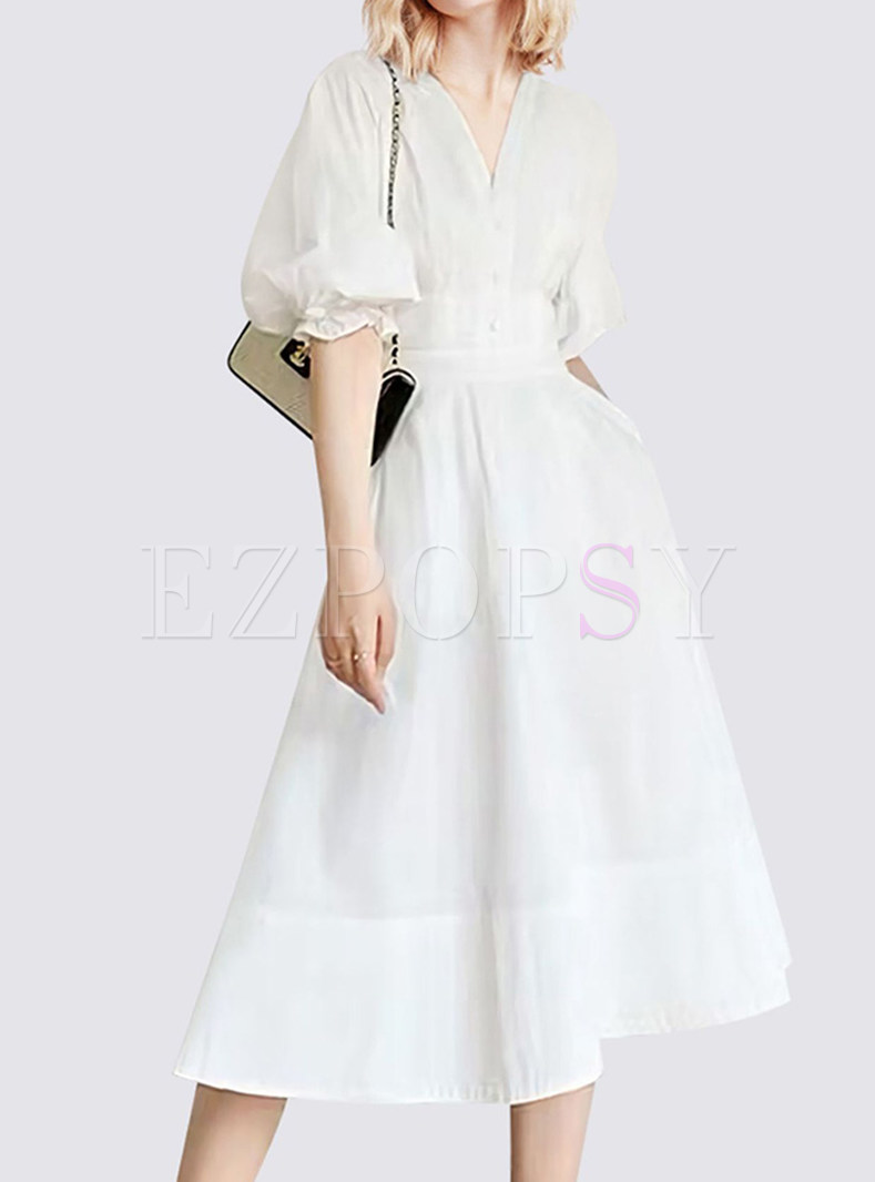 V-Neck Blouson Sleeve White Midi Dresses