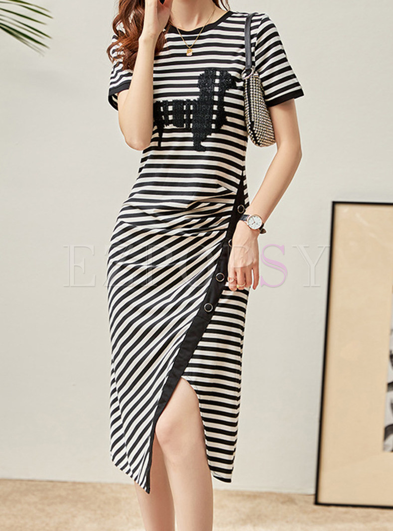 Relaxed Slit Striped Pencil Dresses