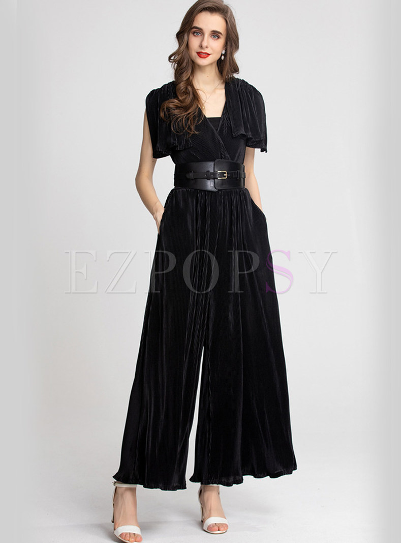 Square Neck Gathered Waist Solid Color Pleated Playsuit