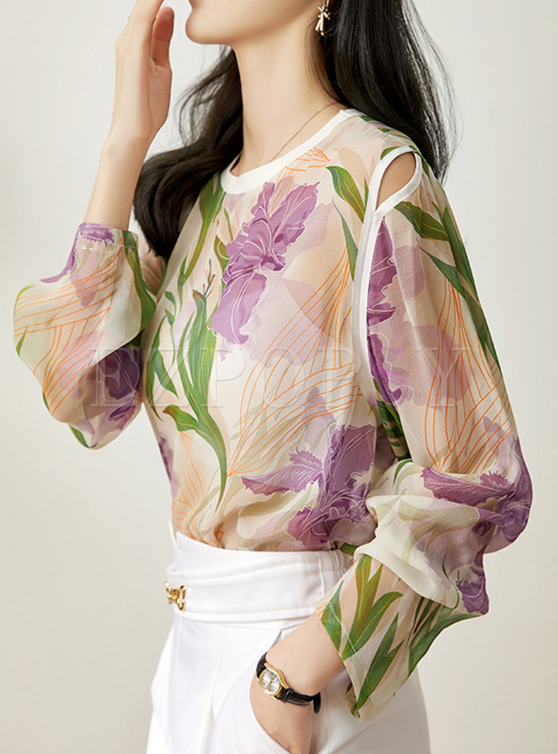 Women's Crew Neck Floral Print Transparent Beautiful Blouses And Tops