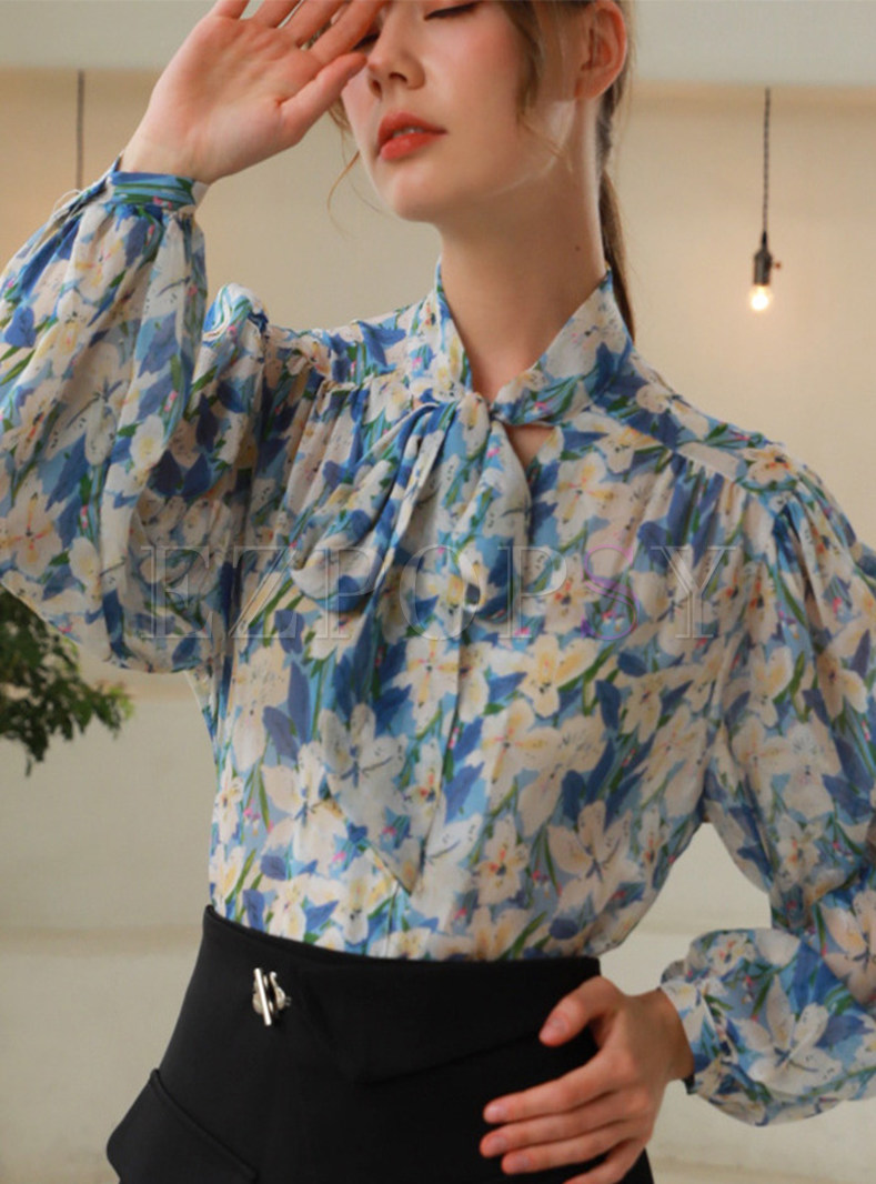 Puff Sleeve All Over Print Tie Neck Women's Shirts And Blouses