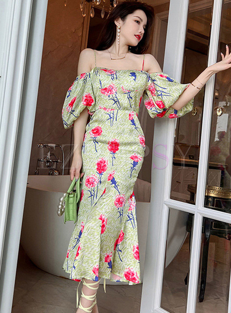 Off-The-Shoulder Puff Sleeve All Over Print Mermaid Dresses