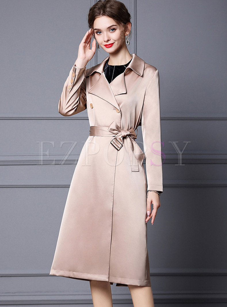 Glamorous Solid Color Tie Waist Women Trench Coats