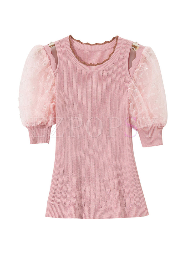 Mesh Patch Puff Sleeve Pretty Ladies Knit Tops