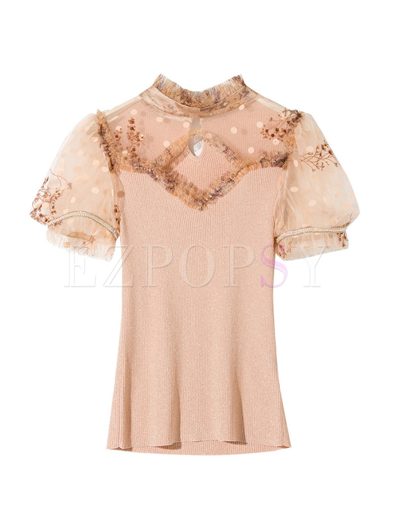 Mock Neck Gold Stamp Mesh Patch Keyhole Ladies Knit Tops