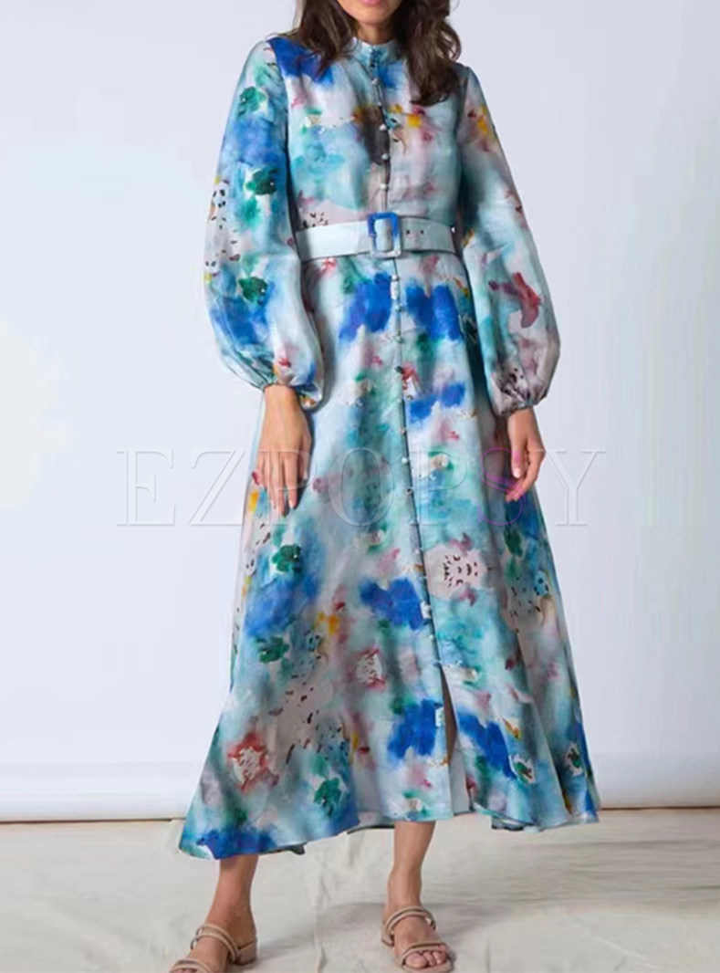 Blurred Floral Flutter Single-Breasted Beach Long Dresses
