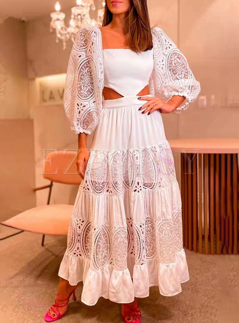 Square Neck Lace Openwork Sleeve Cut Out Waist Maxi Dresses