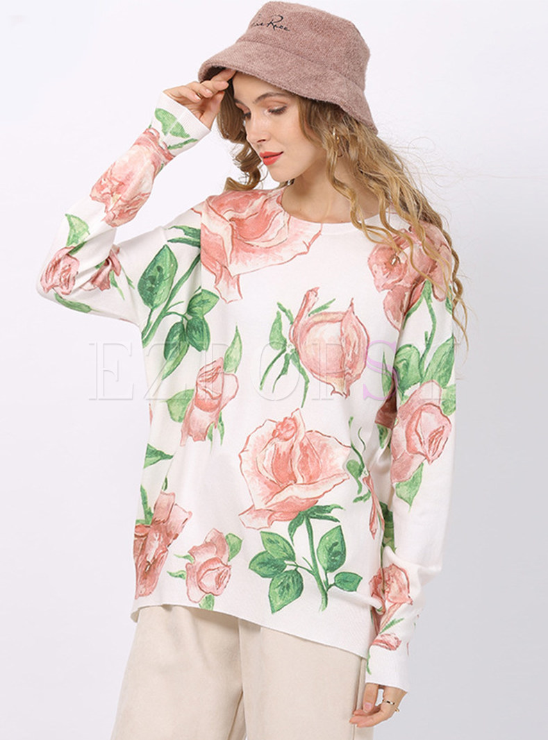 Women Long Sleeve Floral Printing Casual Sweater