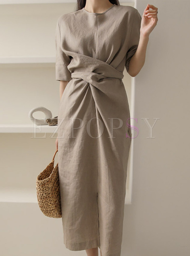 Short Sleeve Twist Front Crepe Midi Dresses