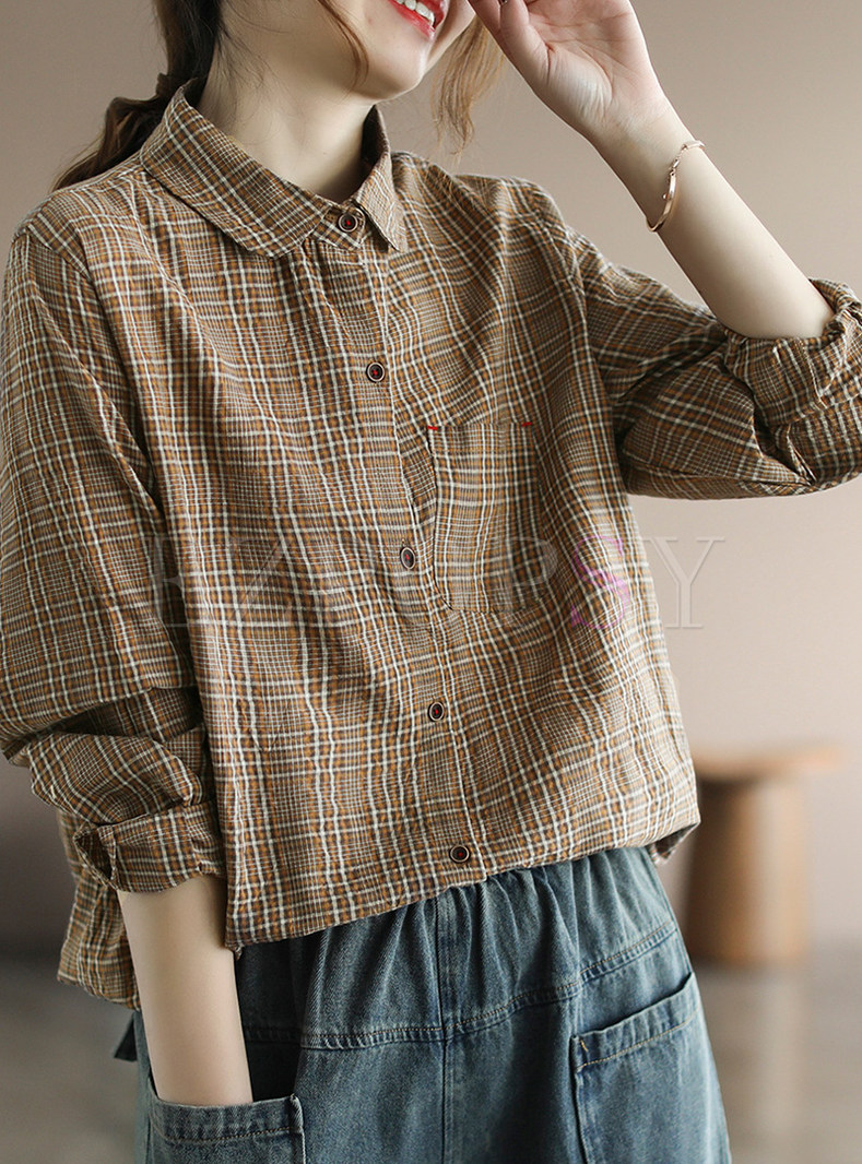 Retro Plaid Long Sleeve Linen Button-Front Shirts For Women