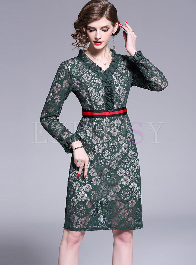 Fashion V-neck Long Sleeve Lace Bodycon Dress