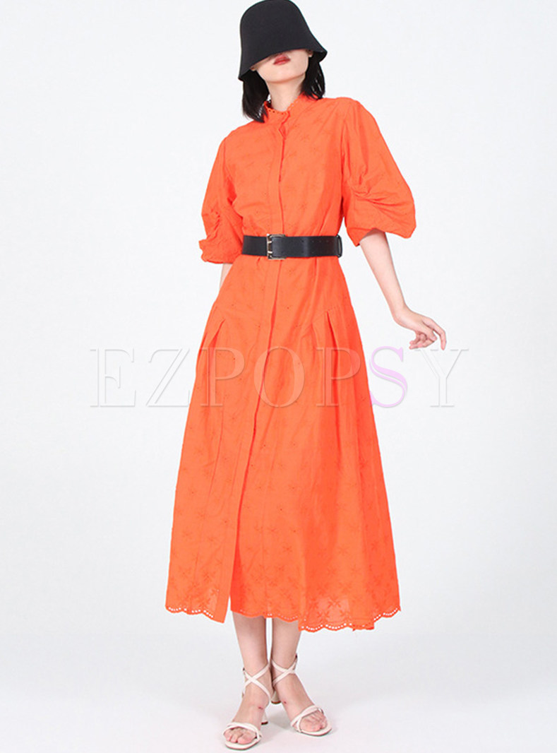 Single-Breasted Puff Sleeve Belted Buckle Boho Dresses