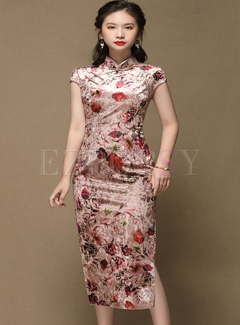Mandarin Collar Cap Sleeve Print Velvet Cheongsam Dress