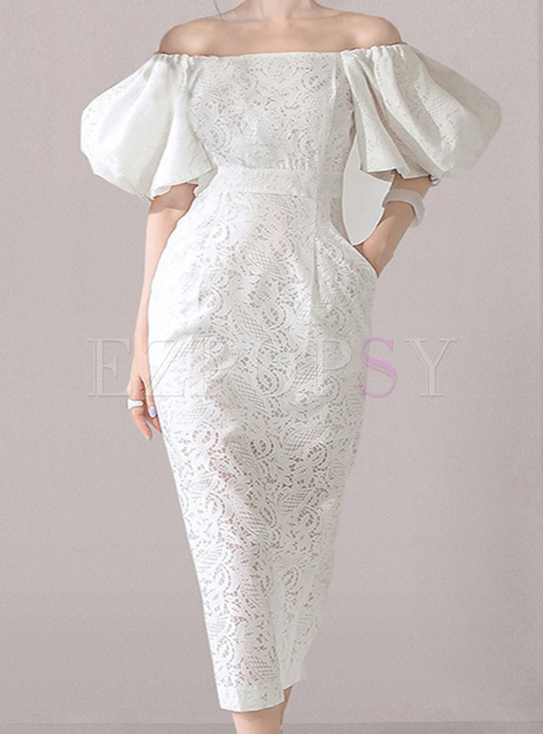 Off-The-Shoulder Puff Sleeve Water Soluble Lace Sheath Dresses