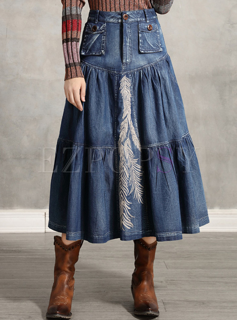 Vintage Embroidered Big Hem Denim Skirts