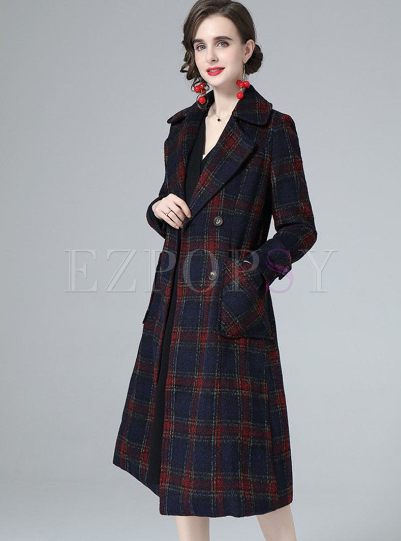 Women's Big Notch Lapel Double Breasted Mid-Long Wool Blend Coat