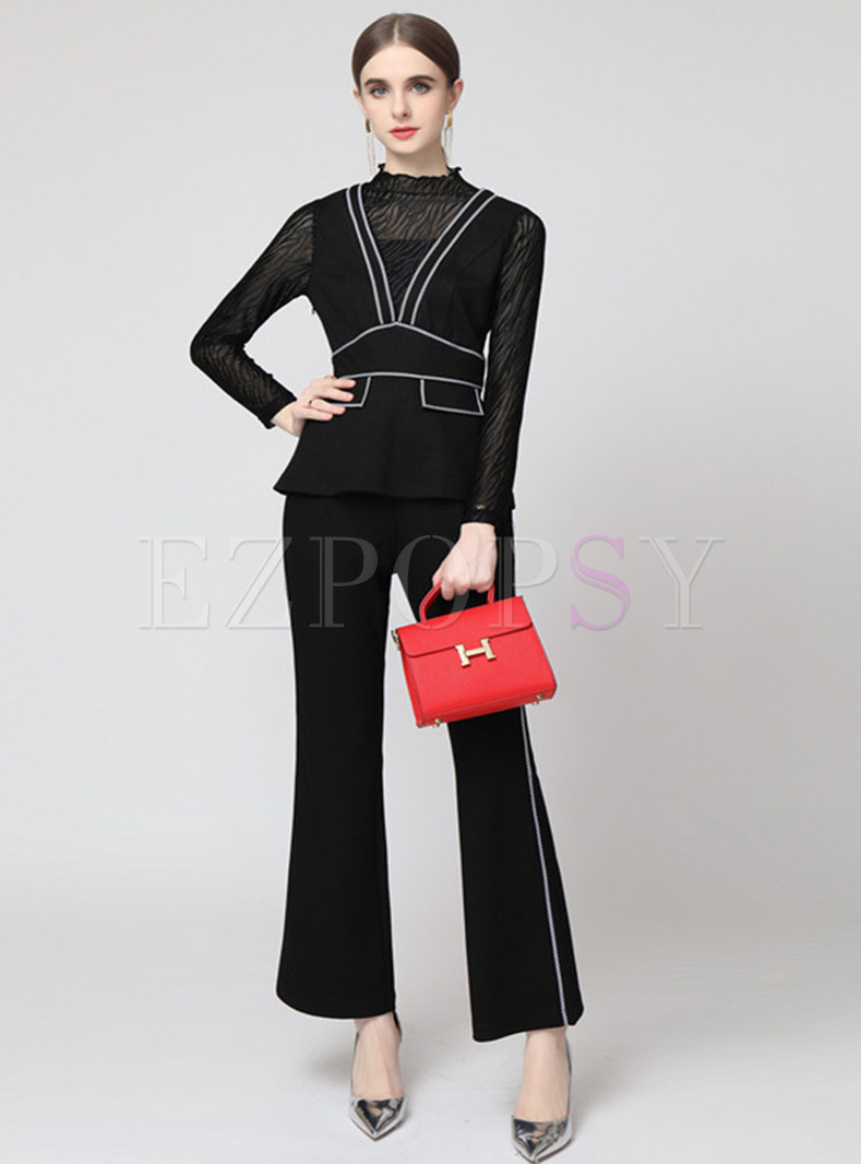 Women Long Sleeve Top and Flare Pant Suit