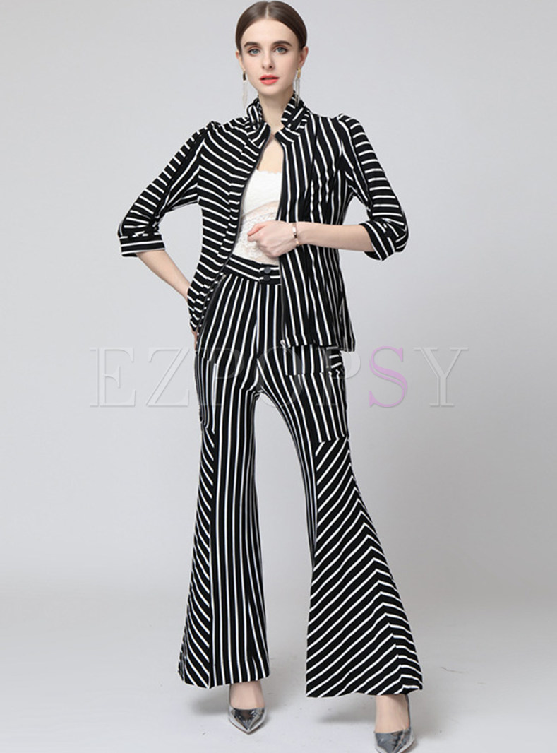 Women's Long Sleeve Short Striped Jacket and Flare Pant Suit