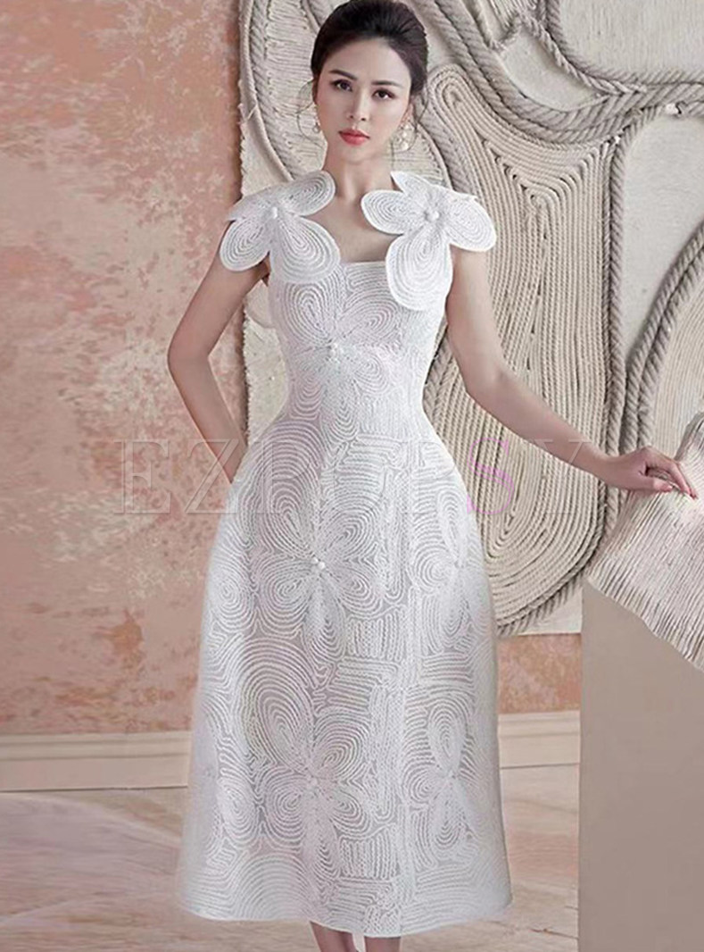 Fitted Lace Embroidered Flowers White Midi Dresses