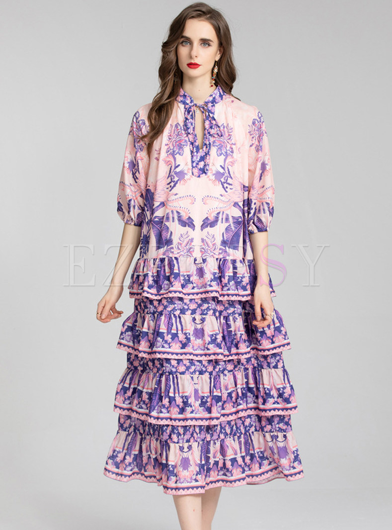 Dreamy Floral Print Half Sleeve Pleated Tiered Dresses