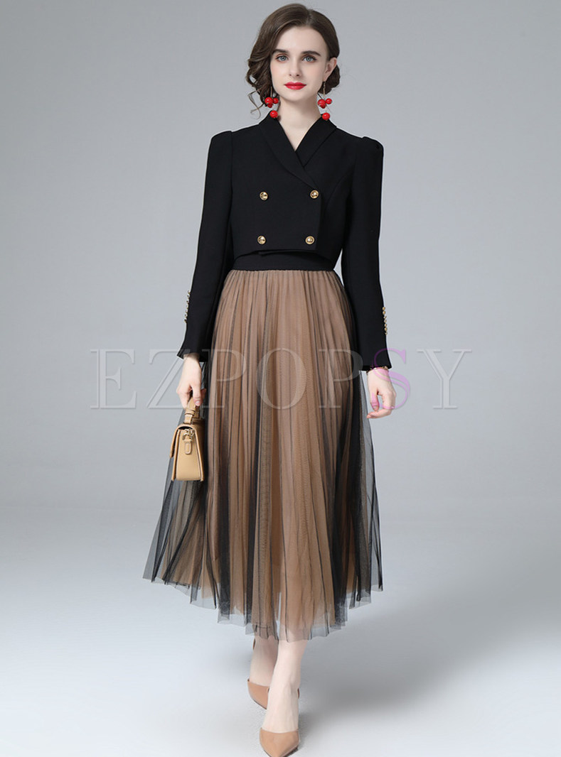 Premium Lapel Solid Color Blazers & Mesh Long Skirts