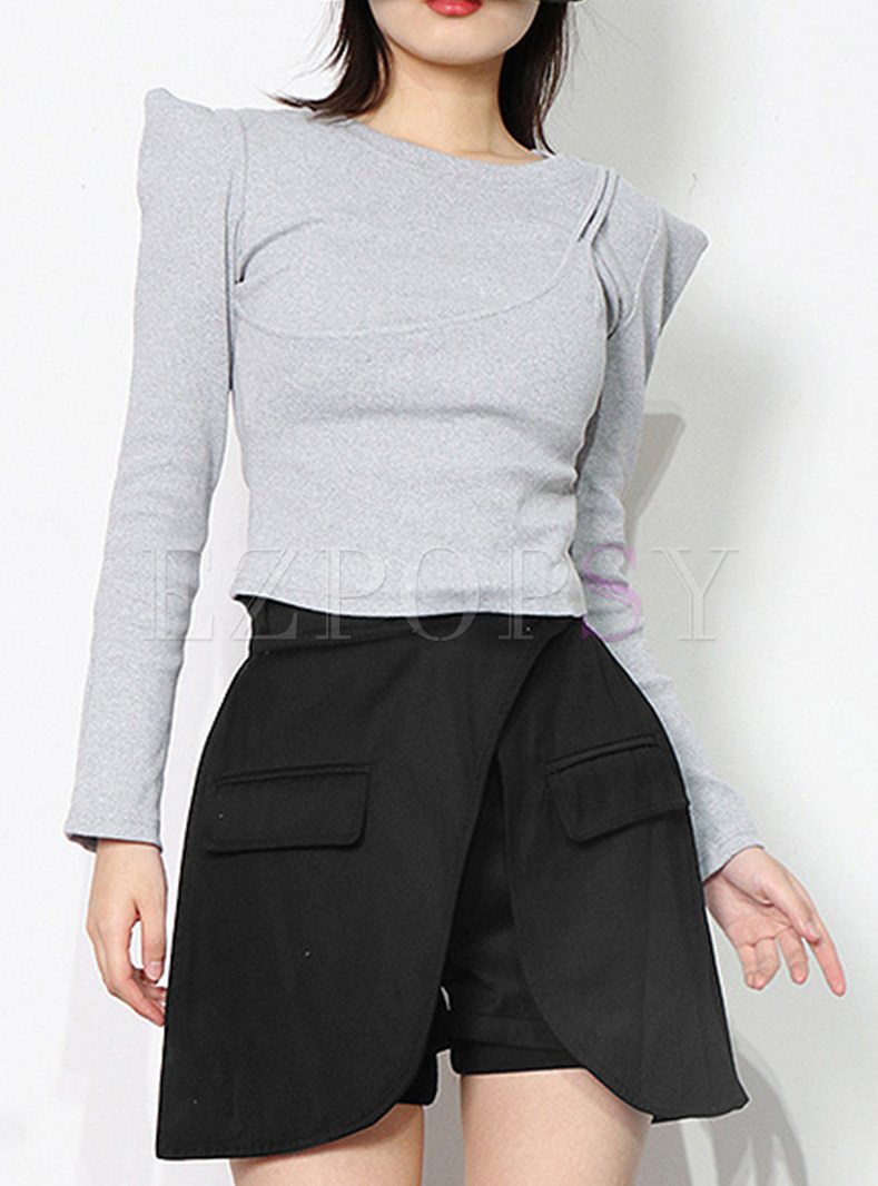 Long Sleeve Shoulder Padded Tight T Shirts For Women