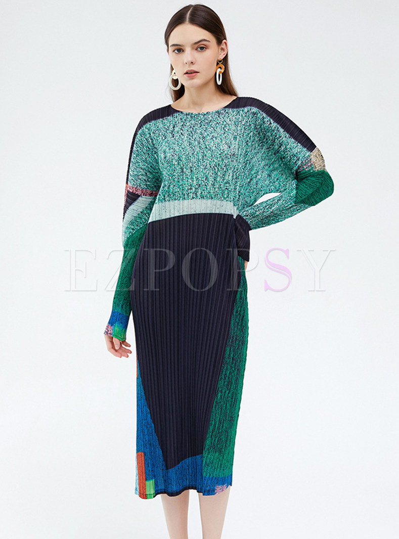 Batwing Long Sleeve Crepe Contrasting Plus Size Dresses