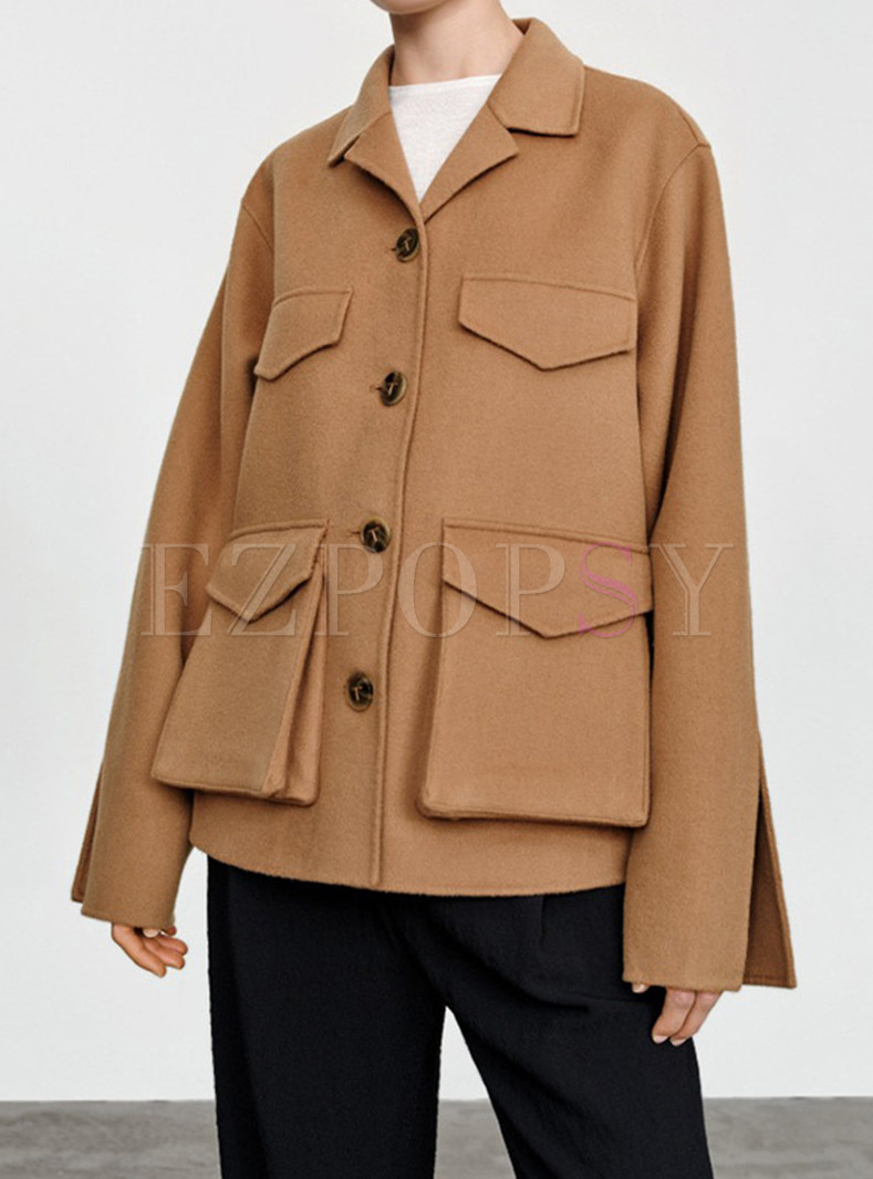 Lapel Single-Breasted Plush Camel Hair Coats With Pockets