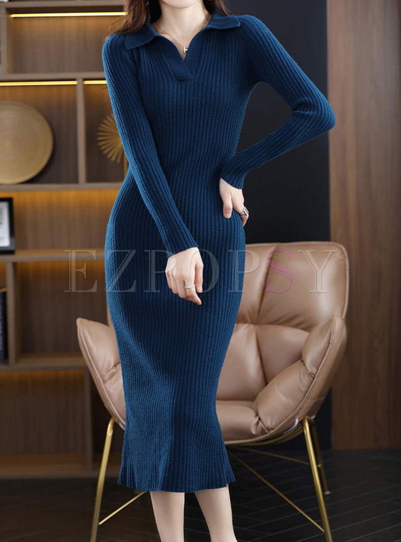 Turn-Down Collar Bodycon Ribbed Long Sleeve Sweater Dresses