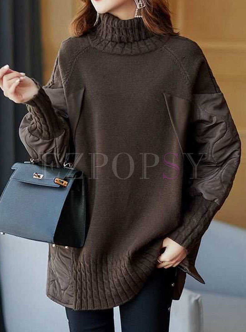 High Neck Chunky Splicing Chunky Knit Jumper For Women