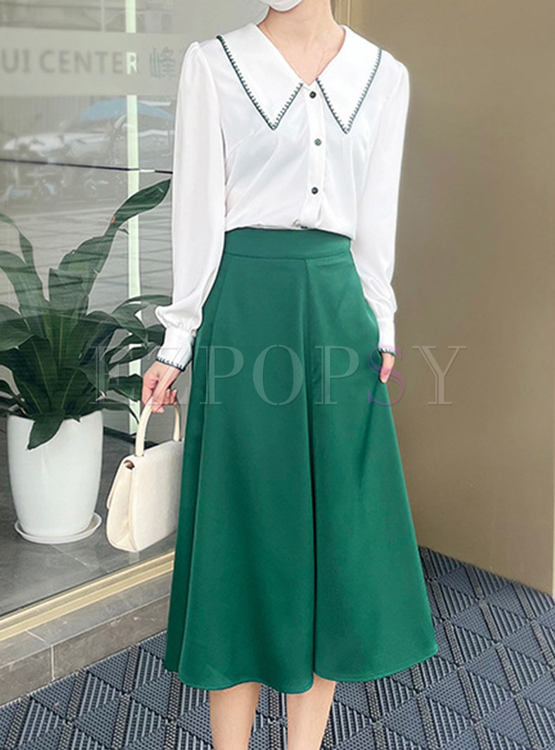 Women's Long Sleeve Blouse & High Waist A-line Skirt