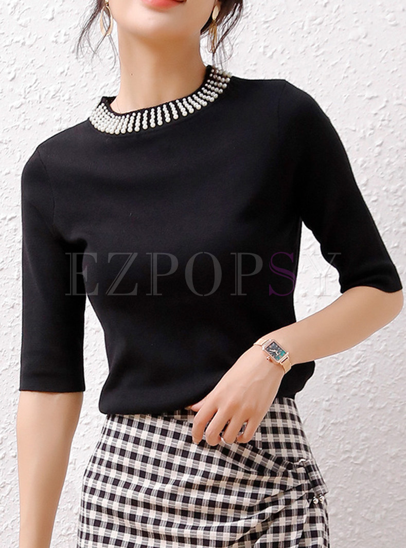 Half Sleeve Small Embellished Dressy Knit Tops