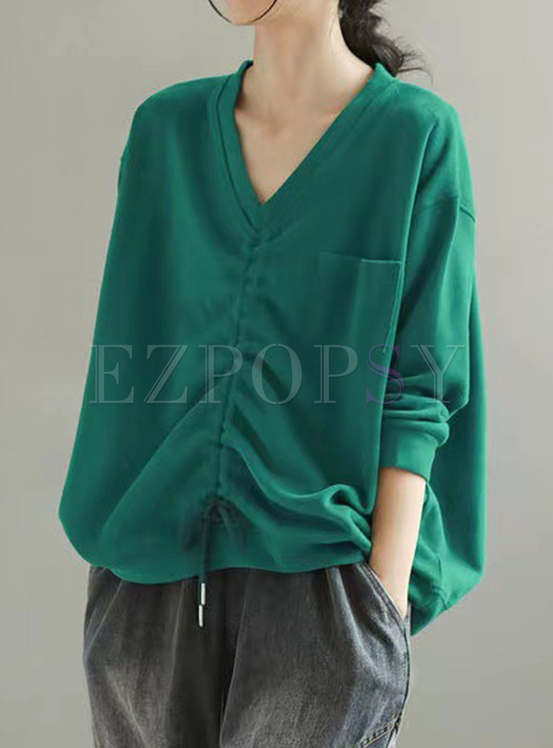 Women V-Neck Long Sleeve Draw Front Loose Knitted Jumper