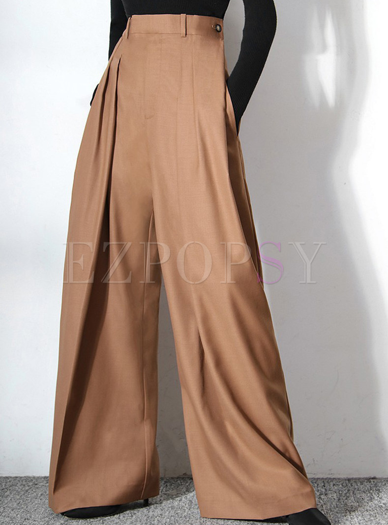 High Waisted Solid Color Commuter Wide Leg Pants