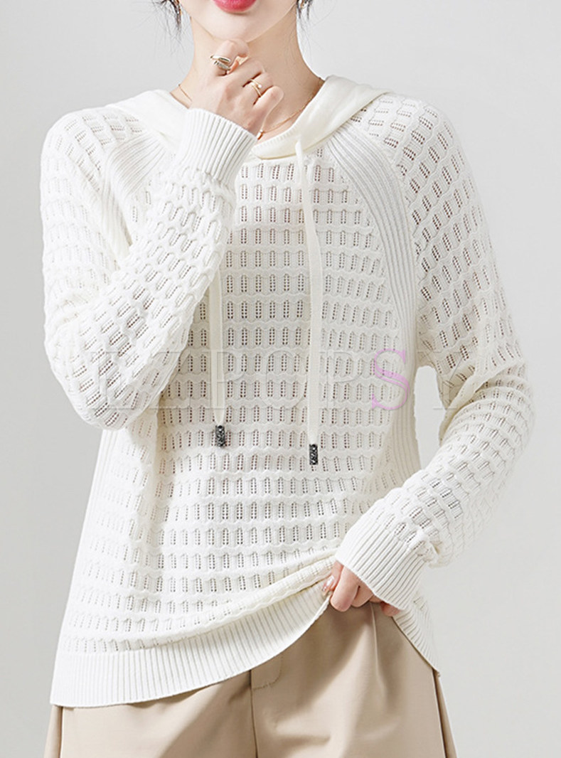 Relaxed Openwork Long Sleeve Hooded Knitted Jumper For Women