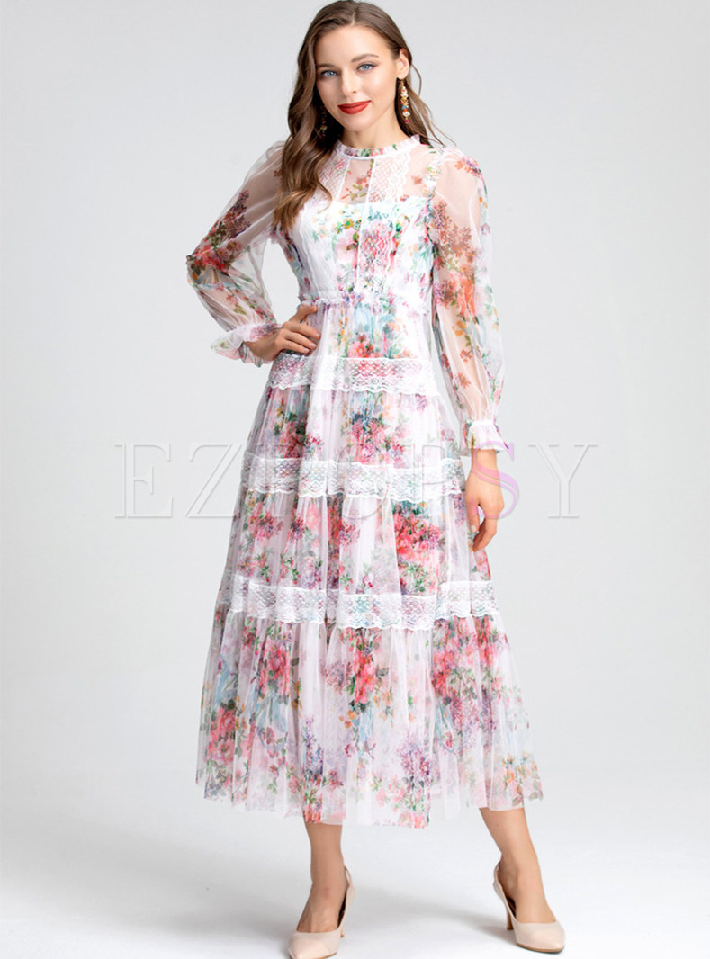 Romance Blurred Floral Tulle Flowy Swing Long Dresses