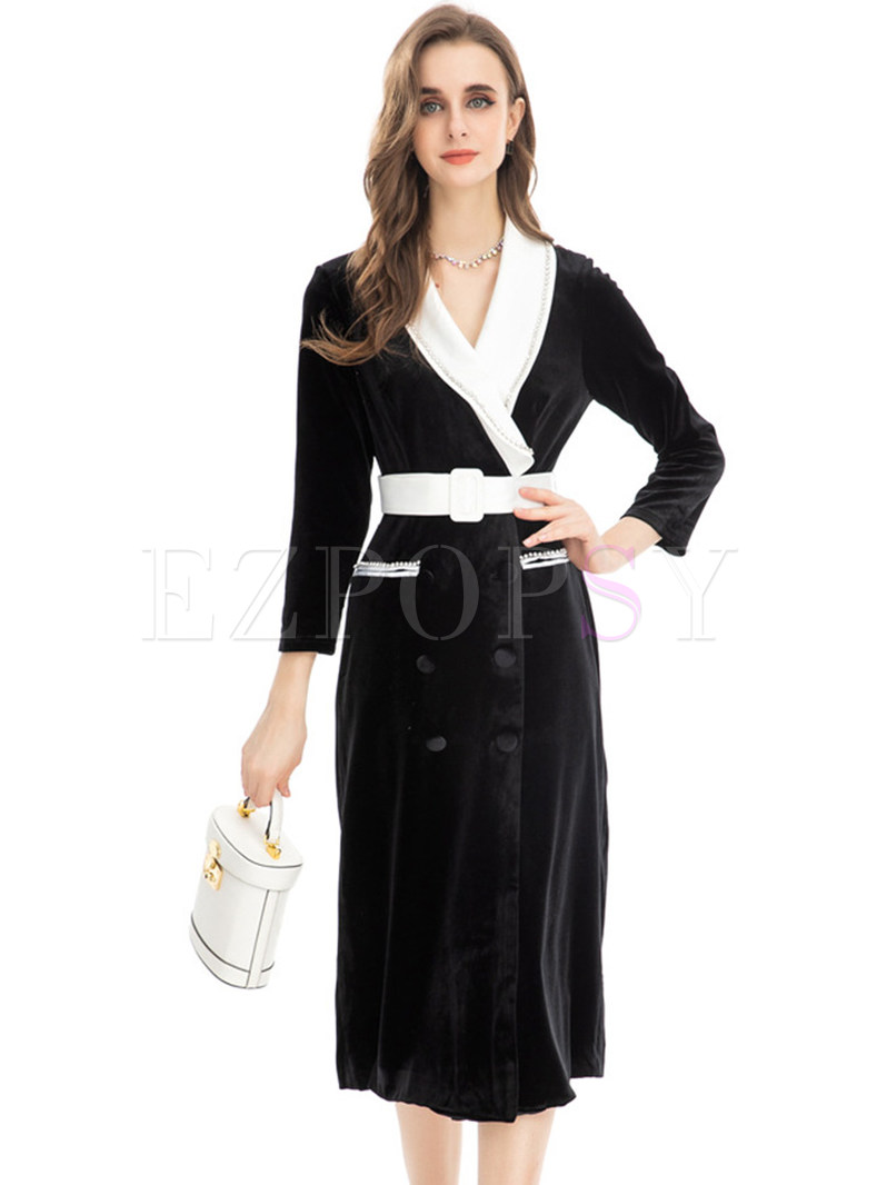 Large Lapels Fashion Color Contrast Double-Breasted Office Dresses