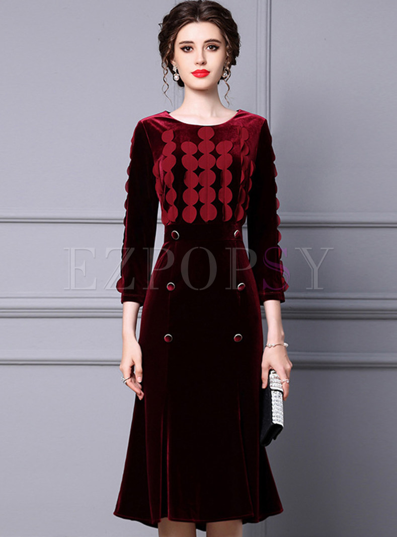 Topshop Solid Color Velvet Long Sleeve Double-Breasted Peplum Dresses