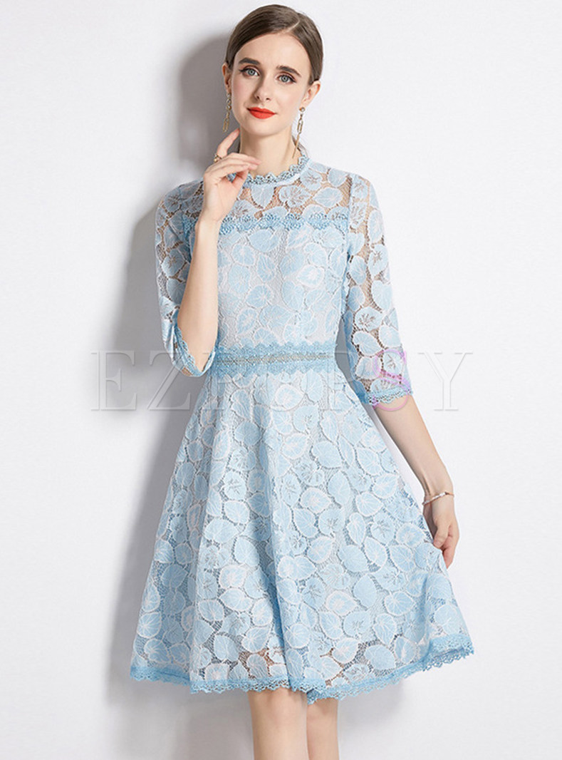 Sweet & Cute Embroidered Crew Neck Half Sleeve Lace Dresses