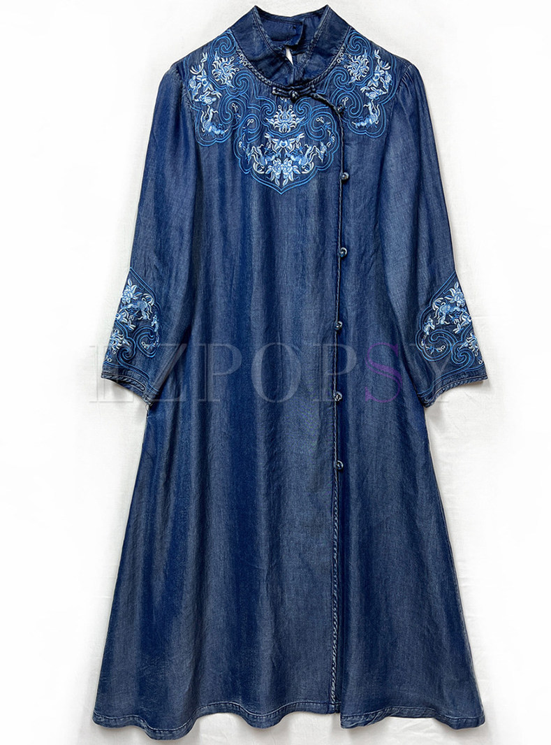 Vintage Embroidered Long Sleeve Denim Dresses