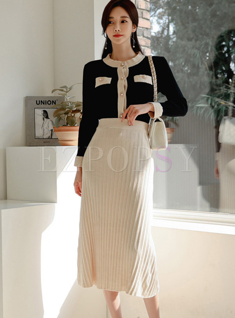 Fitted Color Contrast Knitted Skirt Outfits