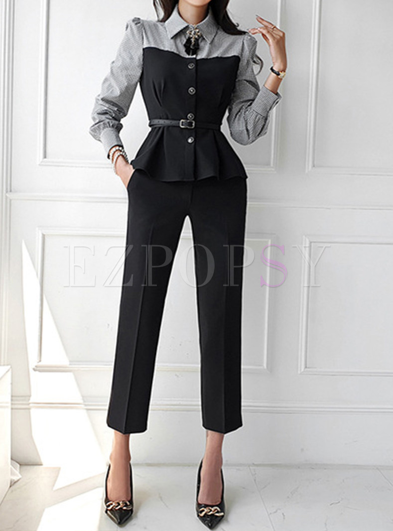 Womens Business Plaid Patch Dress Pant Suits