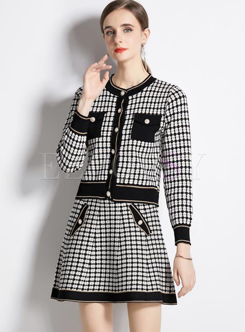 Vintage Plaid Knitted Skirt Suits For Women