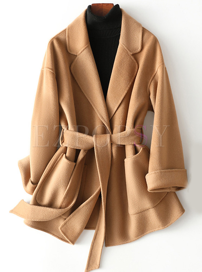 Large Lapels Tie Waist Womens Coats With Pockets