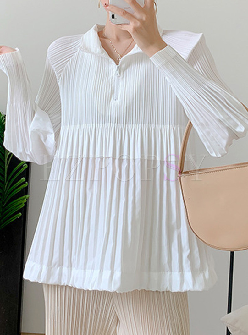Shirt Collar Pleated Pullovers Tops For Women