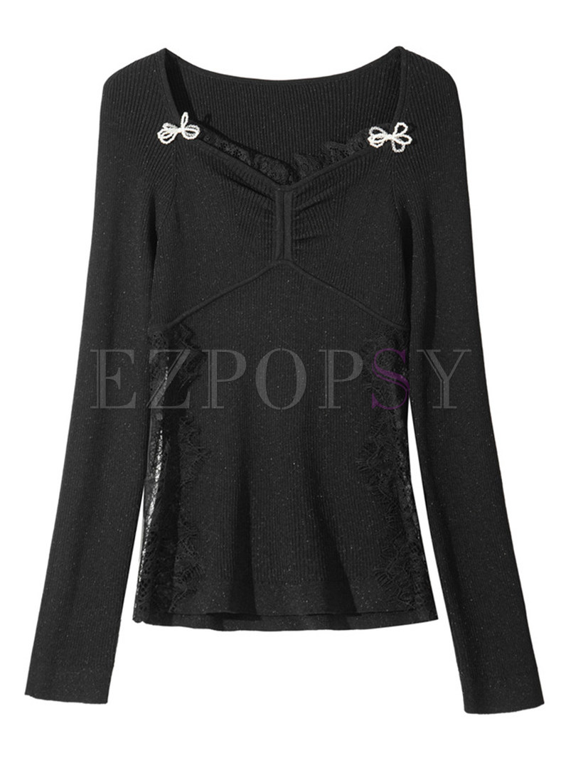 Square Neck Bow-Embellished Fitted Knitted Jumper Women