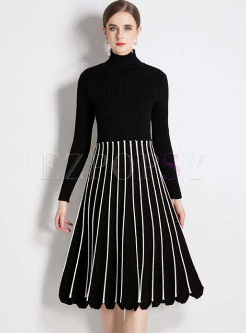 Mock Neck Long Sleeve Ribbed Striped Patchwork Knitted Dresses