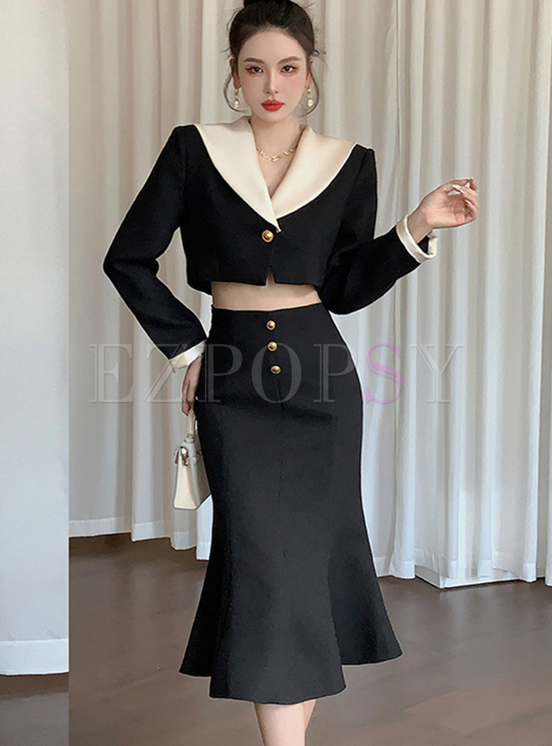 Large Lapels Color Contrast Cropped Top & Pretty Solid Color Mermaid Skirts