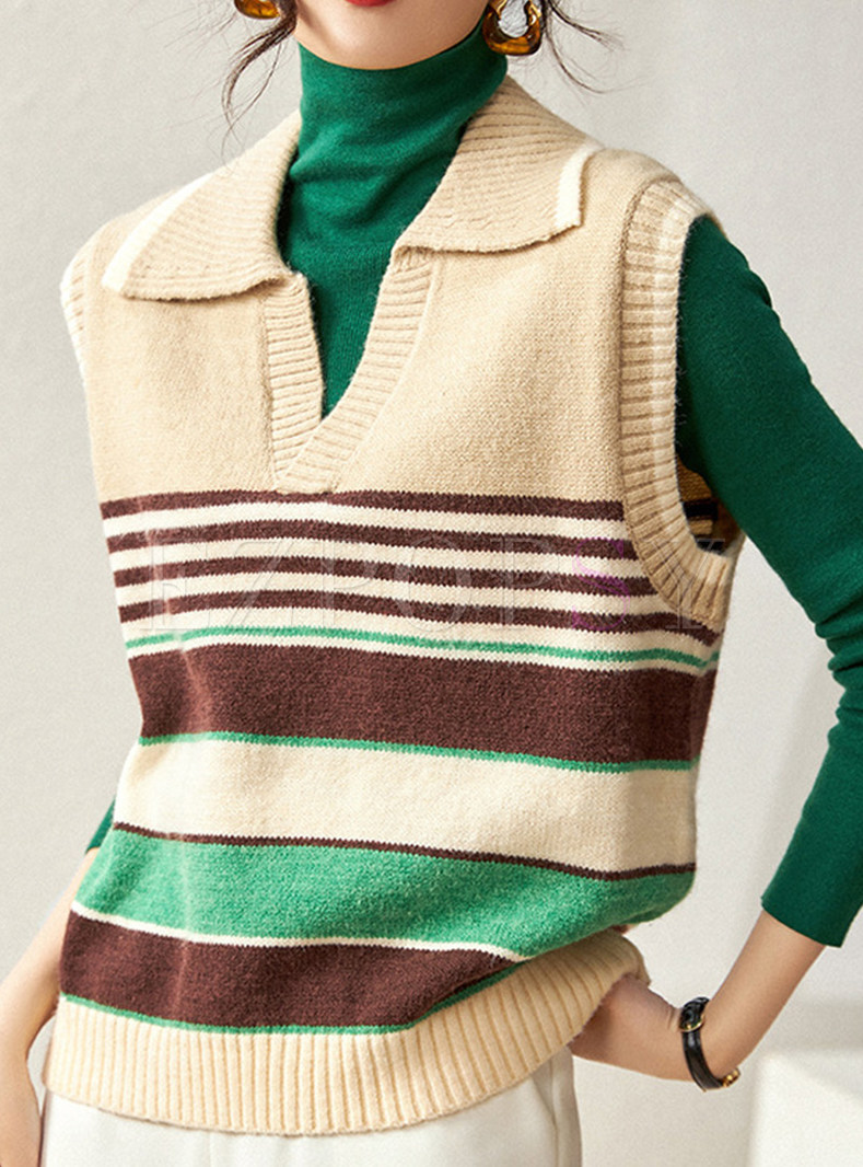 Women Turn-Down Collar Daily Striped Sweater Vest