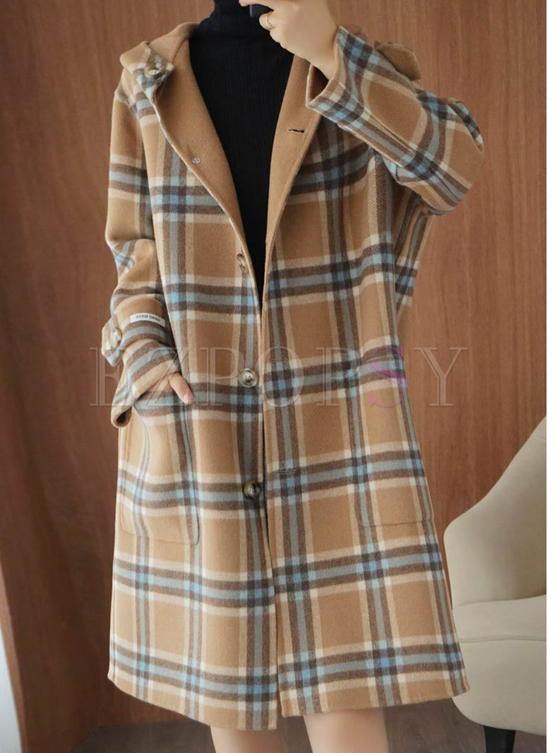 Women's Elegant Plaid Hooded Single-Breasted Wool Blend OverCoats